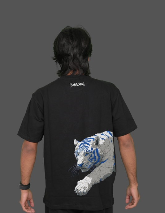 Men's Black - Blue Tiger Graphic Oversized Tees
