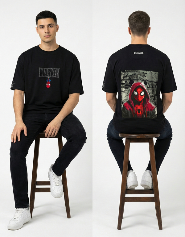 Men's Black Marvel Spider-Man Graphic Oversized Tees