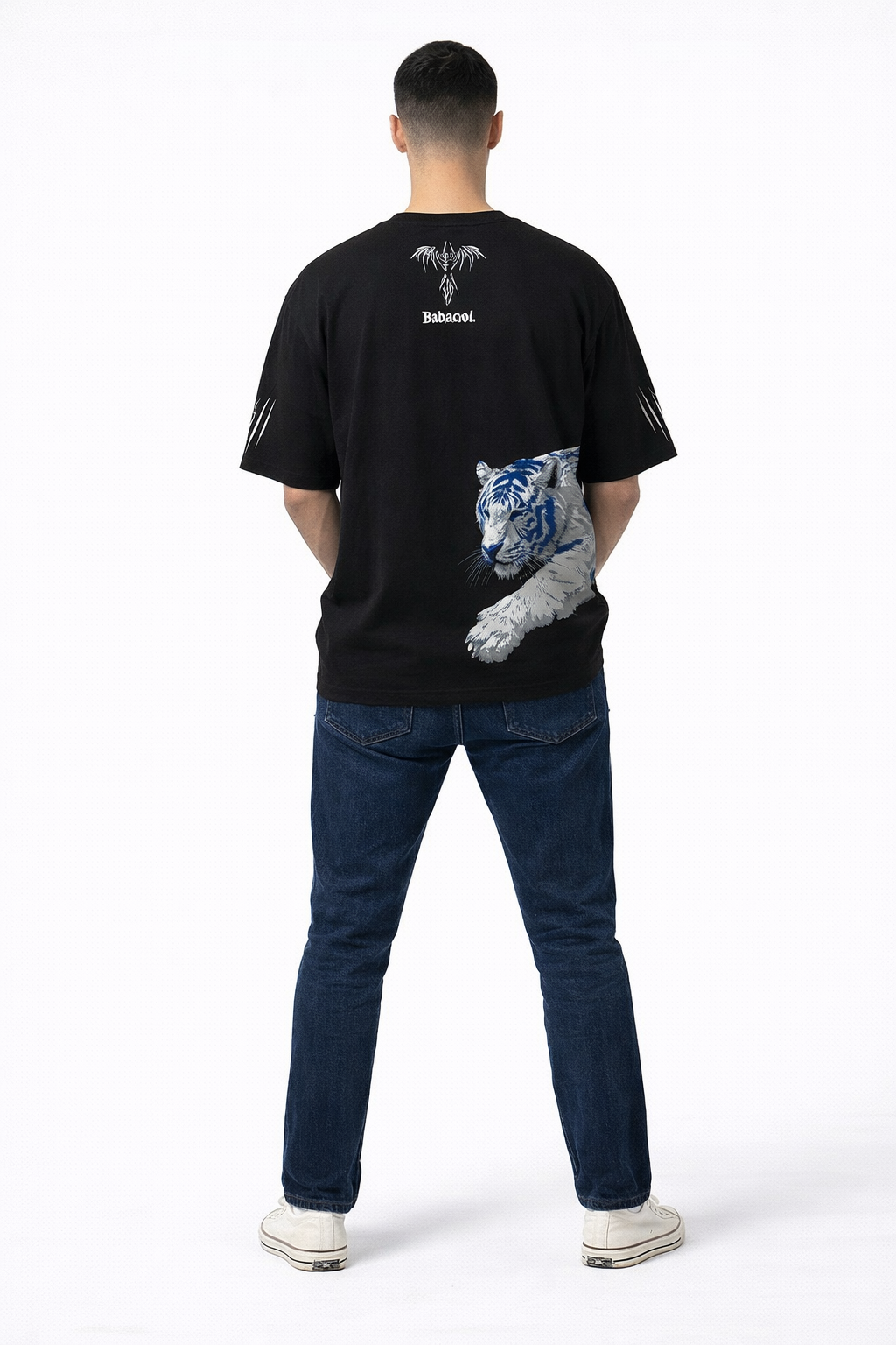 Men's Black - Blue Tiger Graphic Oversized Tees